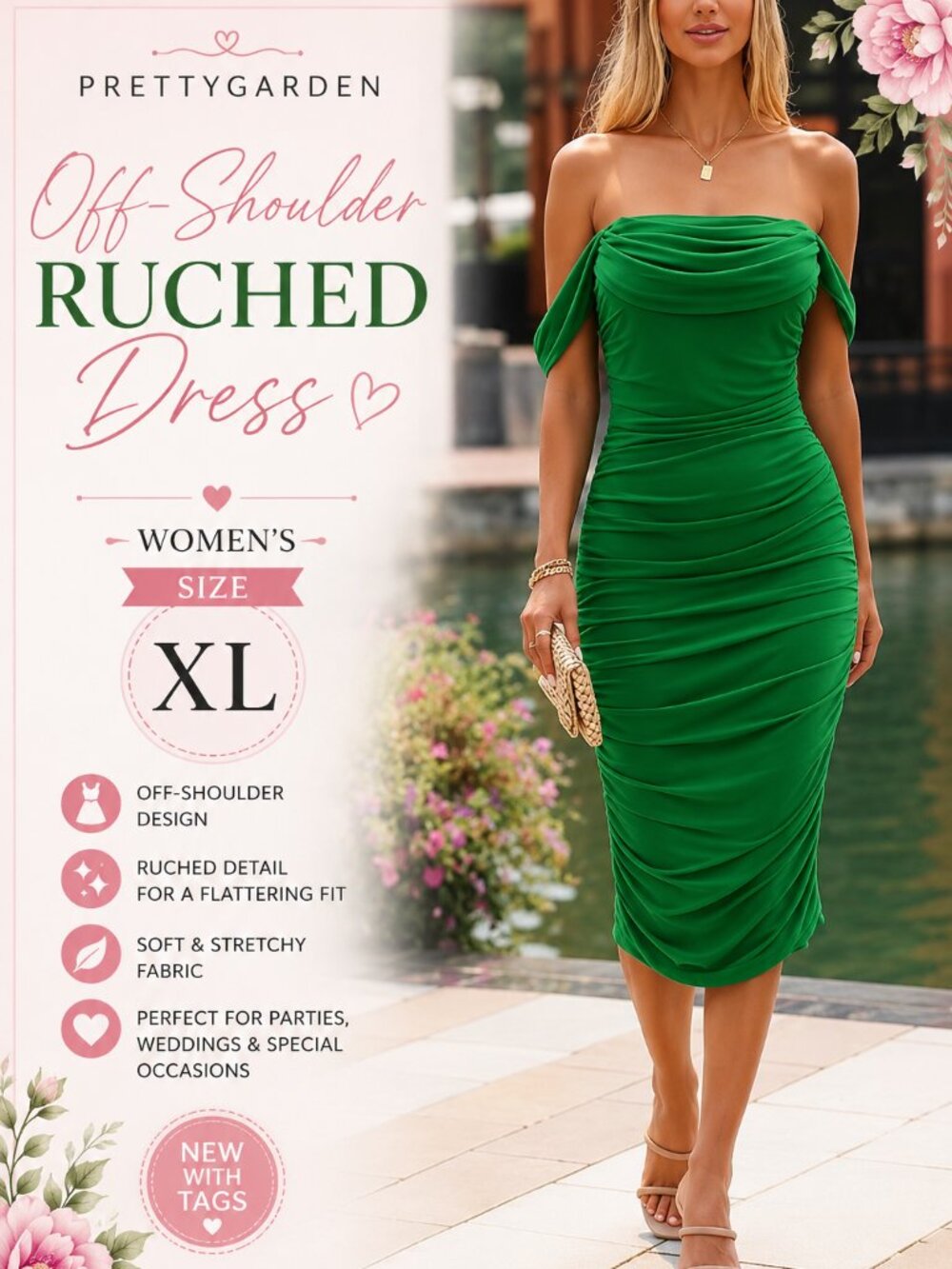 PrettyGarden XL Green Ruched Off-Shoulder Bodycon Dress, NWT